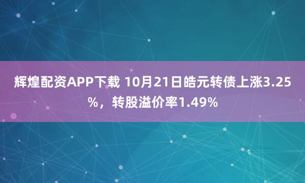 辉煌配资APP下载 10月21日皓元转债上涨3.25%，转股溢价率1.49%